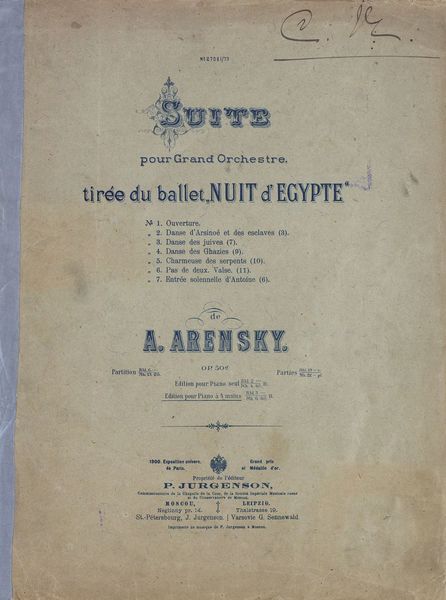 Suite pour grand Orchester tiree du ballet "Nuit d'Egypte" de A. Arensky